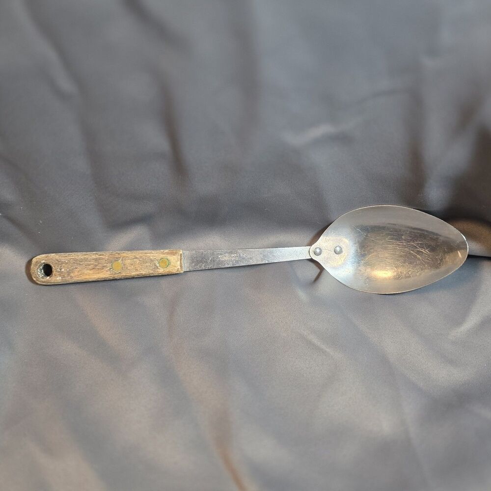 Vintage Robinson Knife Co. Solid Serving Spoon Stainless 12"  Wood Handle USA